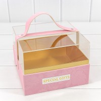 Коробка Квадратная 20*20*14 бархатная с ручкой и прозрачной крышкой Розовый 1/16 Арт: 720101/3
