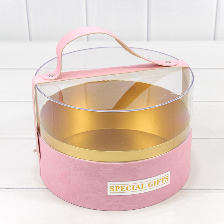 Коробка Круглая 21*14 бархатная с ручкой и прозрачной крышкой Розовый 1/16 Арт: 720102/3