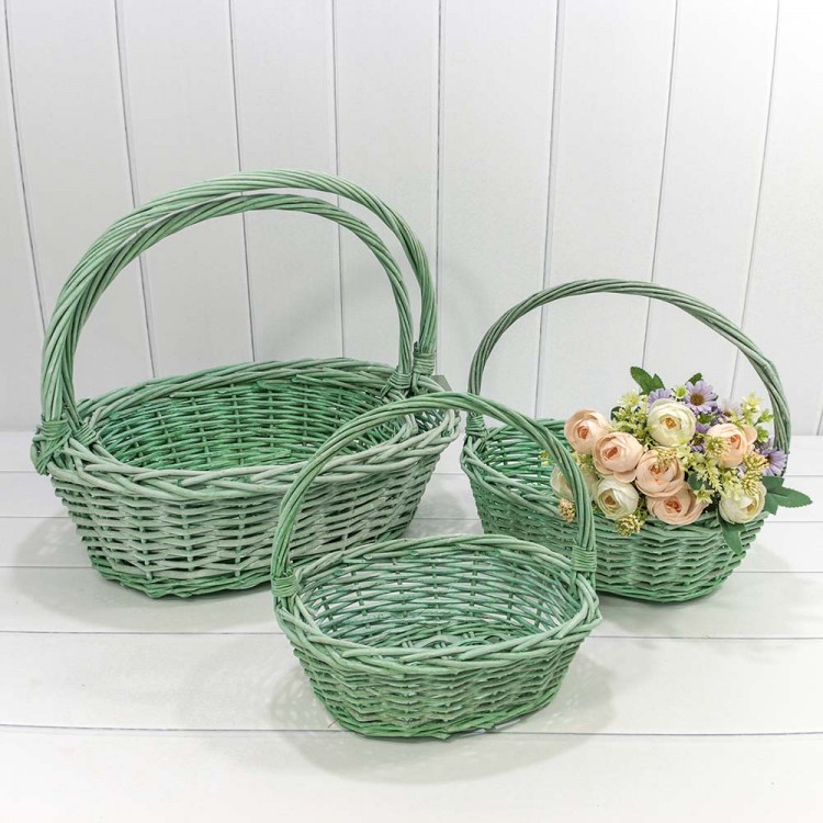 Корзины плетёные Овальные Набор 1/4 43*35*15/44 (±5%) с ручкой Бело-зелёный 1/12 Арт: 420160/6